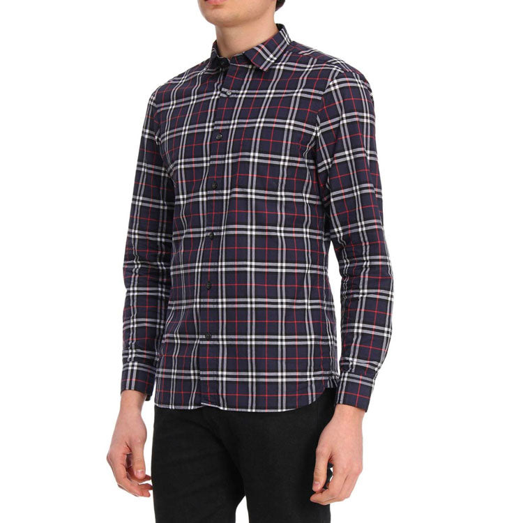 Men's Burberry Plaid Long Sleeves Shirt Navy Blue 40618121