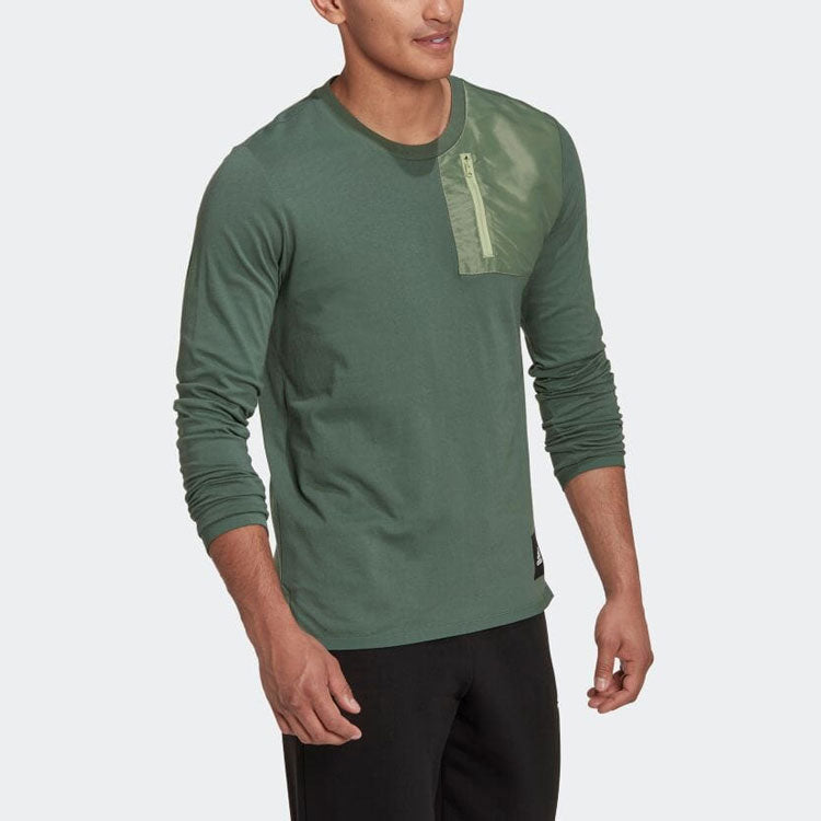Men's adidas Solid Color Zipper Pocket Long Sleeves Green T-Shirt HN1662