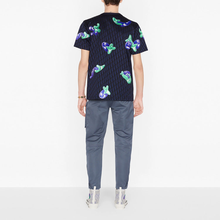 Men's DIOR x KENNY SCHARF Crossover FW21 Cotton Jacquard Pattern Short Sleeve Navy Blue 193J685C0704-C589