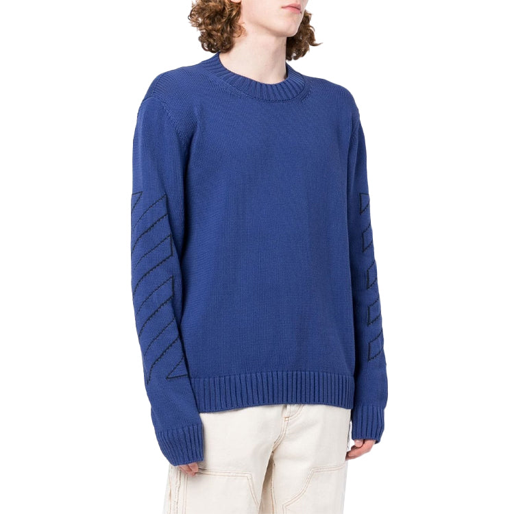 Men's Off-White FW22 Geometry Pattern Intarsia Knit Round Neck Long Sleeves Wool Sweater Blue OMHE087F22KNI0011454