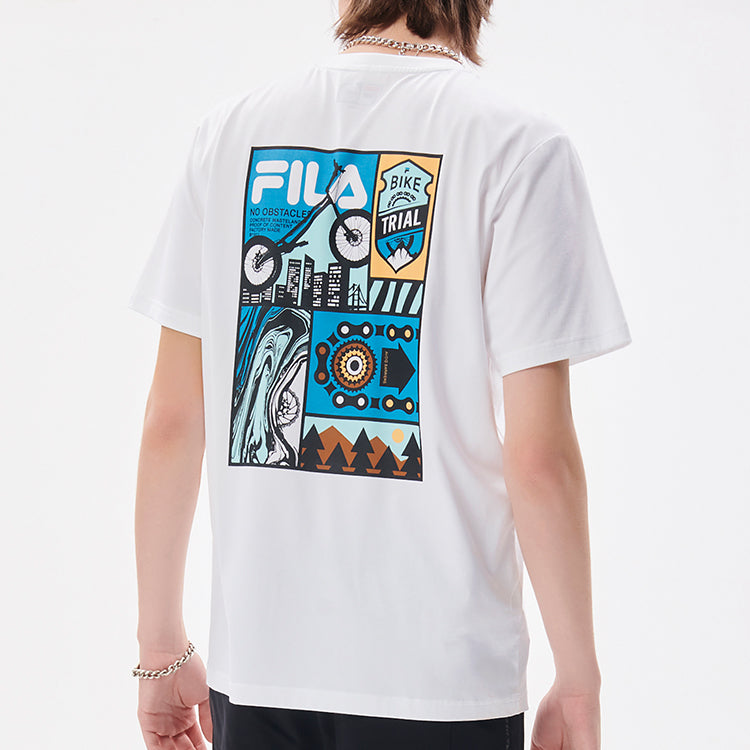 Men's FILA FUSION cycling Illustration Pattern Printing Knit Short Sleeve White T11M133104F-WT