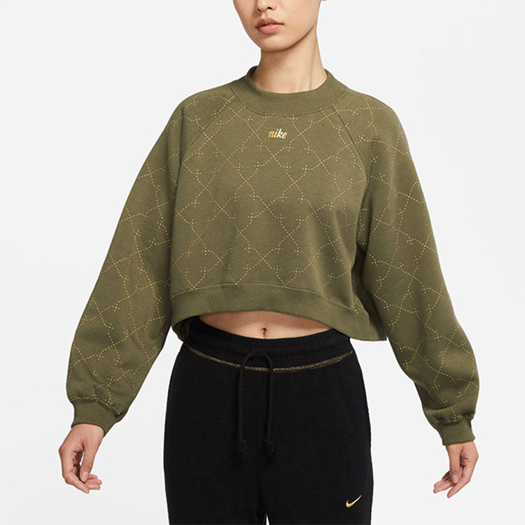 (WMNS) Nike Athleisure Casual Sports Fleece Lined Short Round Neck Pullover Hoodie Green DM7281-222