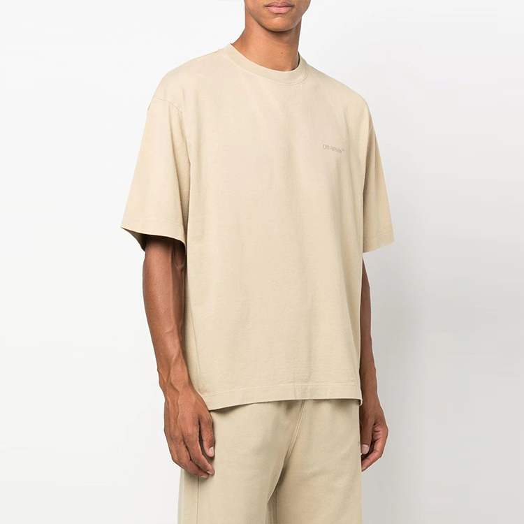 Men's Off-White Stripe Round Neck Short Sleeve Beige T-Shirt OMAA120F22JER0011717