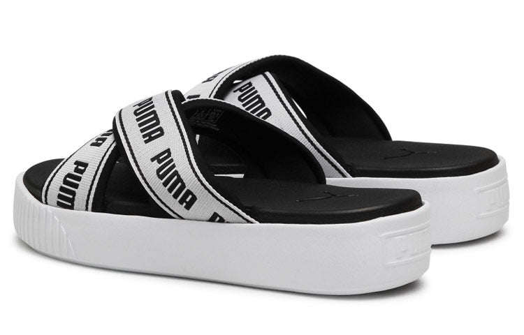 (WMNS) PUMA Platform Slide Tape Slippers For Black/White 380677-01