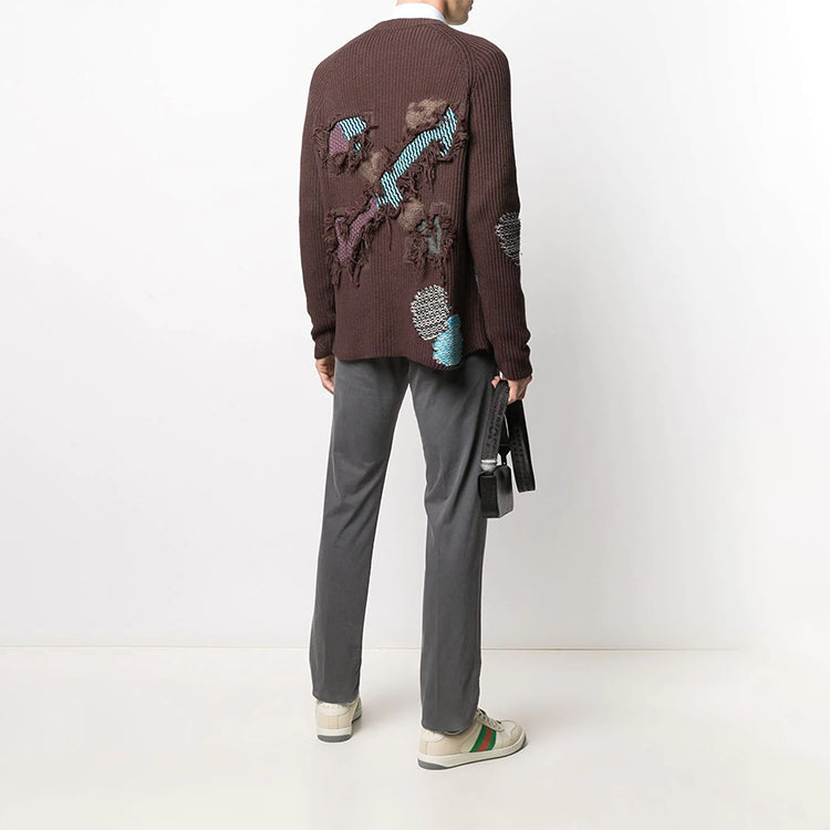 Men's Off-White Embroidered Ribbed Knit Pullover Wool Sweater Brown OMHE060F20KNI0016018