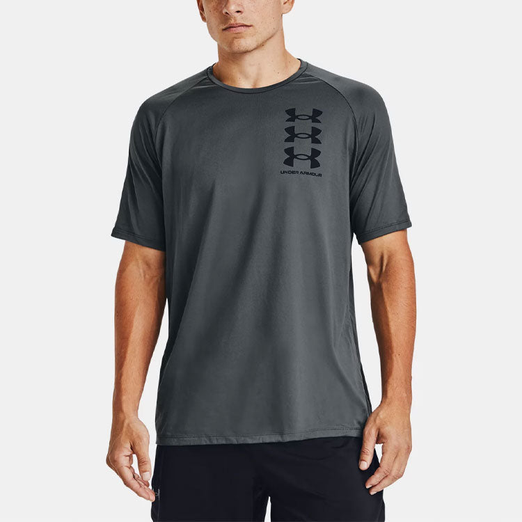 Men's Under Armour Tech Triple Logo Printing Sports Round Neck Short Sleeve Gray 1361504-012