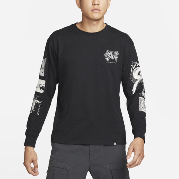 Men's Nike ACG Iceland Printing Sports Round Neck Long Sleeves Black T-Shirt DJ5803-010