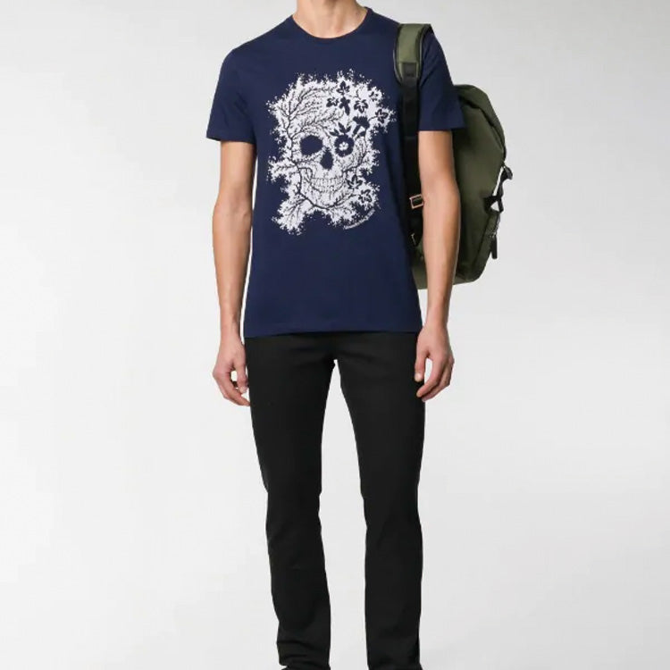 Men's Alexander McQueen Ivy Skull Skeleton Short Sleeve Blue 599560QOZ660903