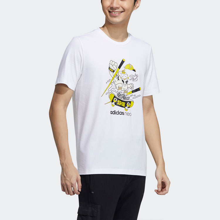 adidas neo M Fd Tee 3 Graffiti Cartoon Printing Sports Round Neck Short Sleeve White H50262