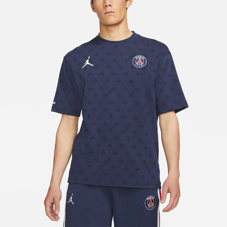Air Jordan Paris Saint-Germain Statement Casual Sports Full Print Round Neck Short Sleeve Navy Blue DB6509-410
