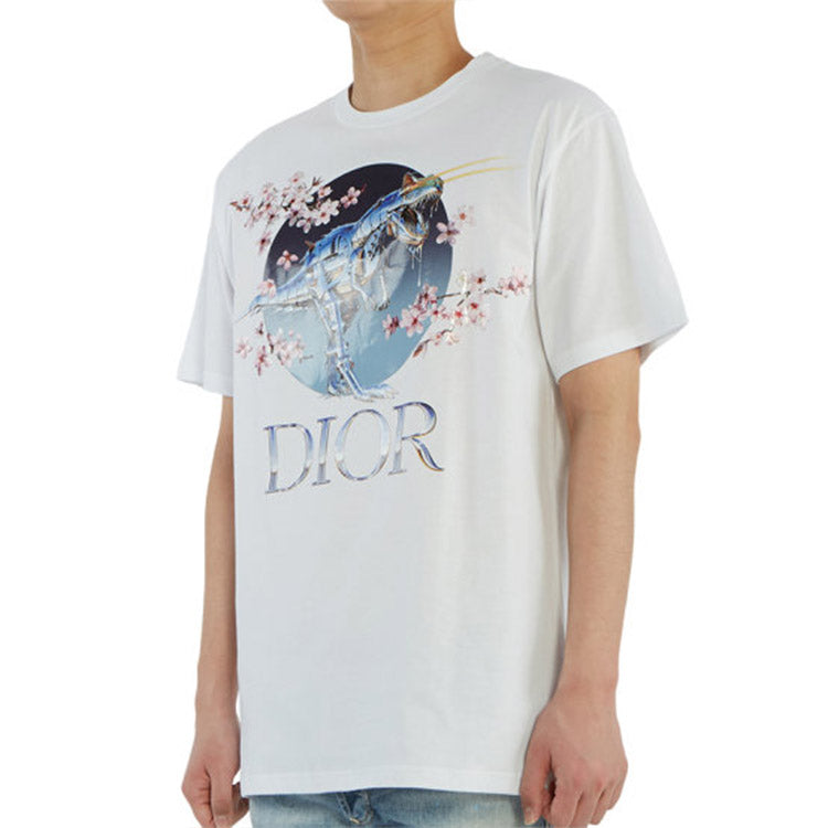 Men's DIOR x Sorayama Crossover Sakura Dragon Printing Short Sleeve White 933J602B0533-085