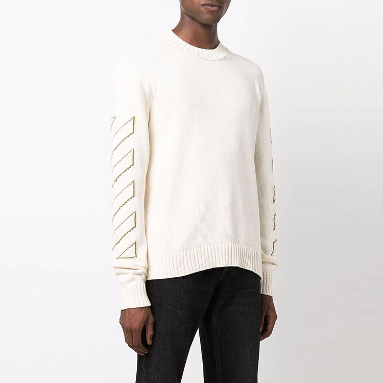 Men's Off-White FW21 Arrow Pattern Knit Long Sleeves Round Neck Wool Sweater White OMHE087F21KNI0016155