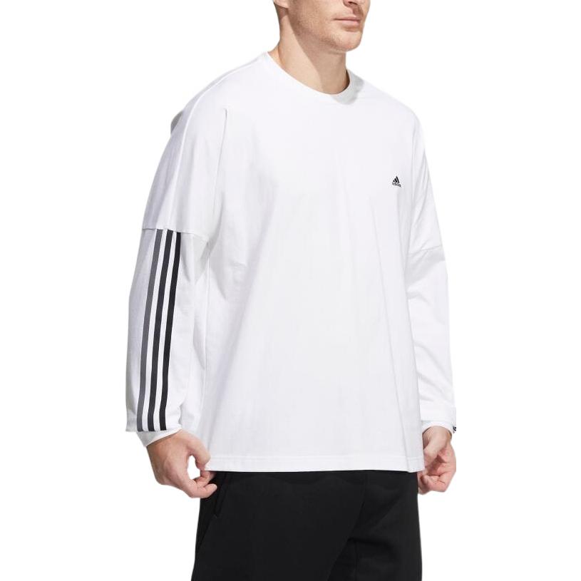 Men's adidas Stripe Logo Printing Round Neck Long Sleeves White T-Shirt HC9978