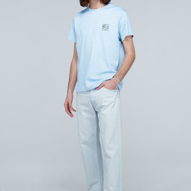 Men's LOEWE Anagram Classic Embroidered Cotton Round Neck Short Sleeve Light Blue H6109230CR-6410
