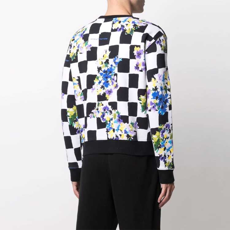 Off-White FW21 Flowers Printing Plaid Round Neck Pullover Version Black OMBA025S21FLE0188400