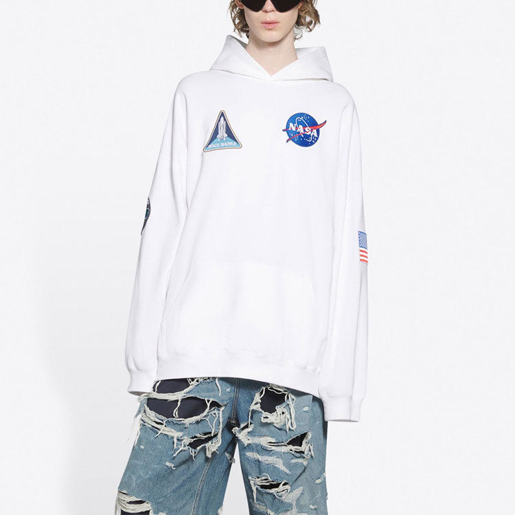 Men's Balenciaga x NASA FW21 Crossover Logo Cotton Classic hooded Loose Long Sleeves White 651799TKVD89040