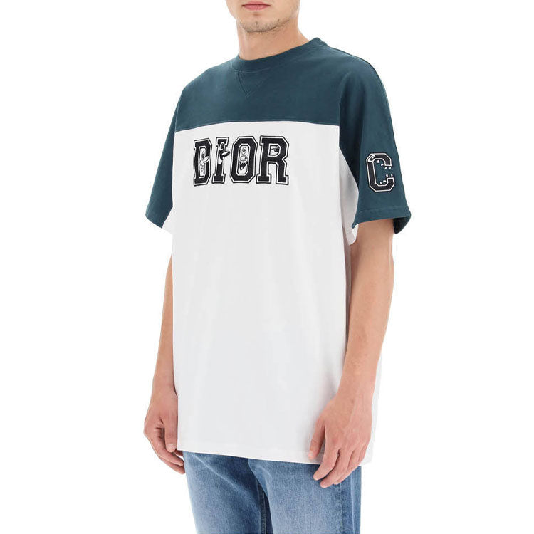 Men's DIOR Logo Printing Colorblock Round Neck Short Sleeve Green T-Shirt 193J646A0554-680