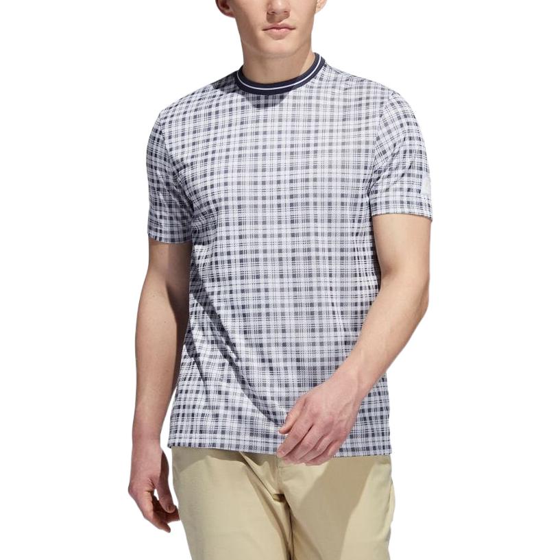 Men's adidas Adicross Golf Sports Plaid Round Neck Short Sleeve White / Slightly Blue T-Shirt HF9097