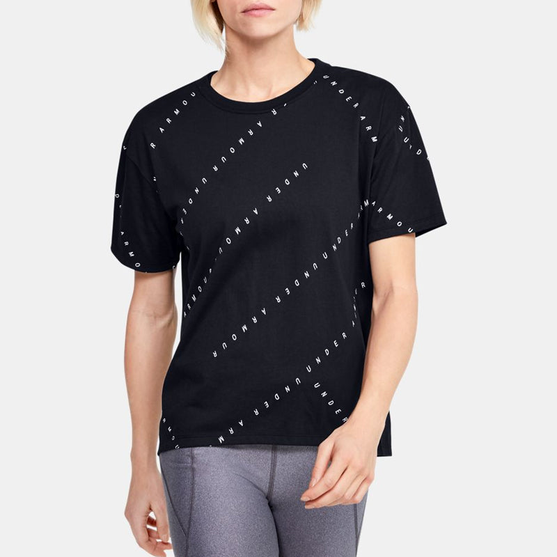 (WMNS) Under Armour Logo Live Training Sports Printing Short Sleeve Black 1355708-001