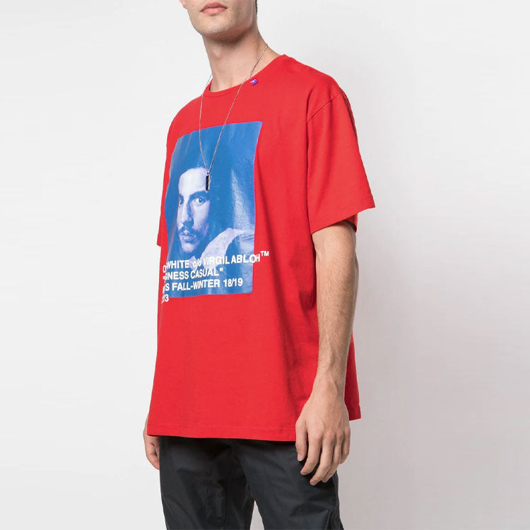 Men's Off-White Bernini Logo Printing Short Sleeve Loose Fit Red T-Shirt OMAA038G191850152030