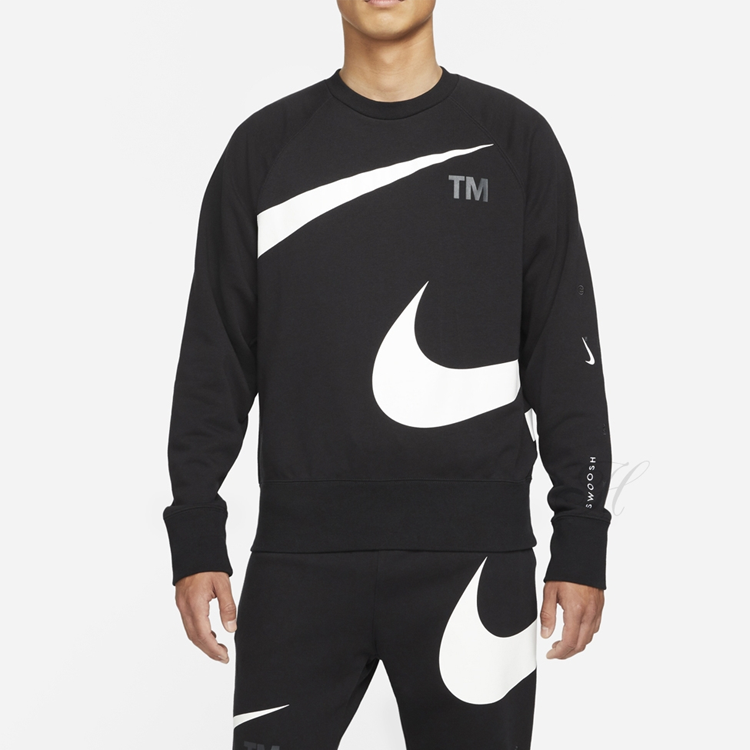 Men's Nike Swoosh Ft Crew Large Logo Printing Knit Round Neck Pullover Autumn Black DD6097-010