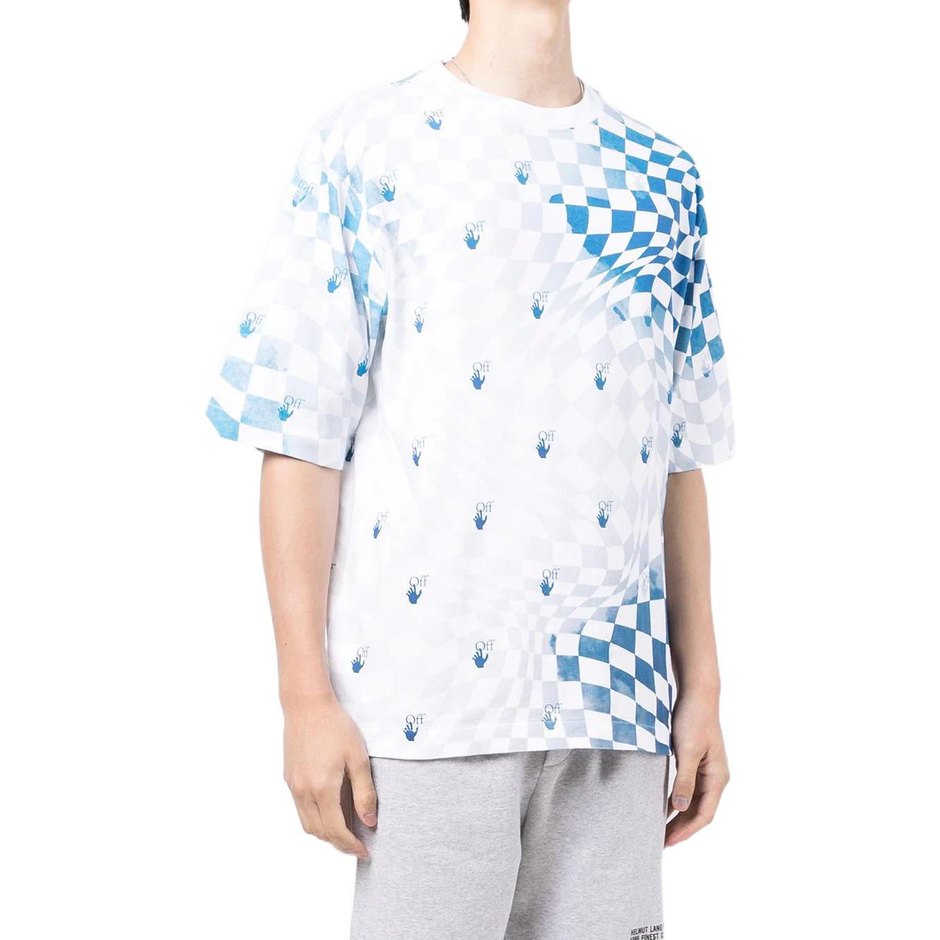 Men's Off-White FW22 Plaid Logo Printing Round Neck Short Sleeve Loose Fit Blue T-Shirt OMAA119G21JER0020145