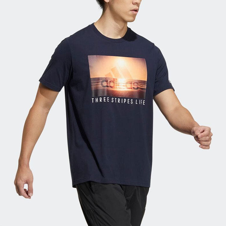 adidas Logo Sunset Printing Round Neck Short Sleeve Navy Blue HN0403