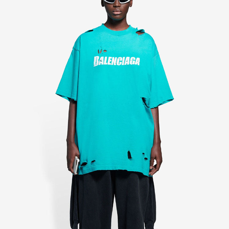 Men's Balenciaga SS21 Alphabet Printing Pattern Hole Round Neck Short Sleeve Green 651795TKVB84661