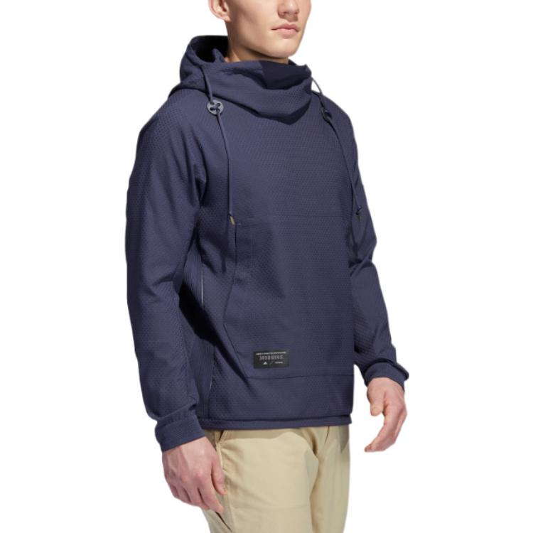 Men's adidas Solid Color Logo Drawstring Hooded Long Sleeves Blue HN0637
