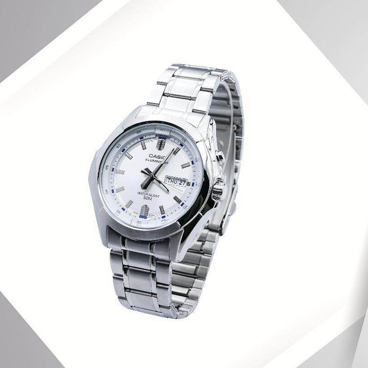 Men's CASIO Waterproof Quartz Date Display Led Lighting 46mm Stainless Steel Strap Watch Mens Silver Analog MTP-E205D-7AVDF