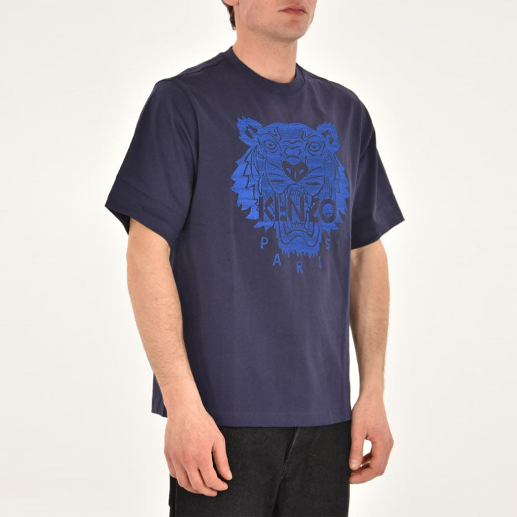 Men's KENZO SS21 Tiger Head Pattern Embroidered Logo Loose Round Neck Short Sleeve Navy Blue FB55TS0694YF-76