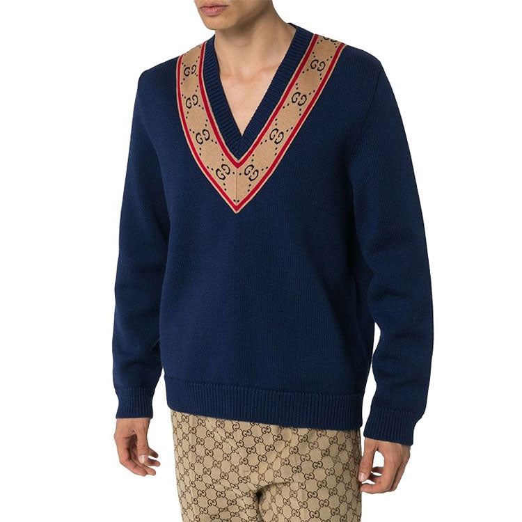 Gucci GG V-neck Wool Sweater 'Blue' 577089-XKAUO-4912