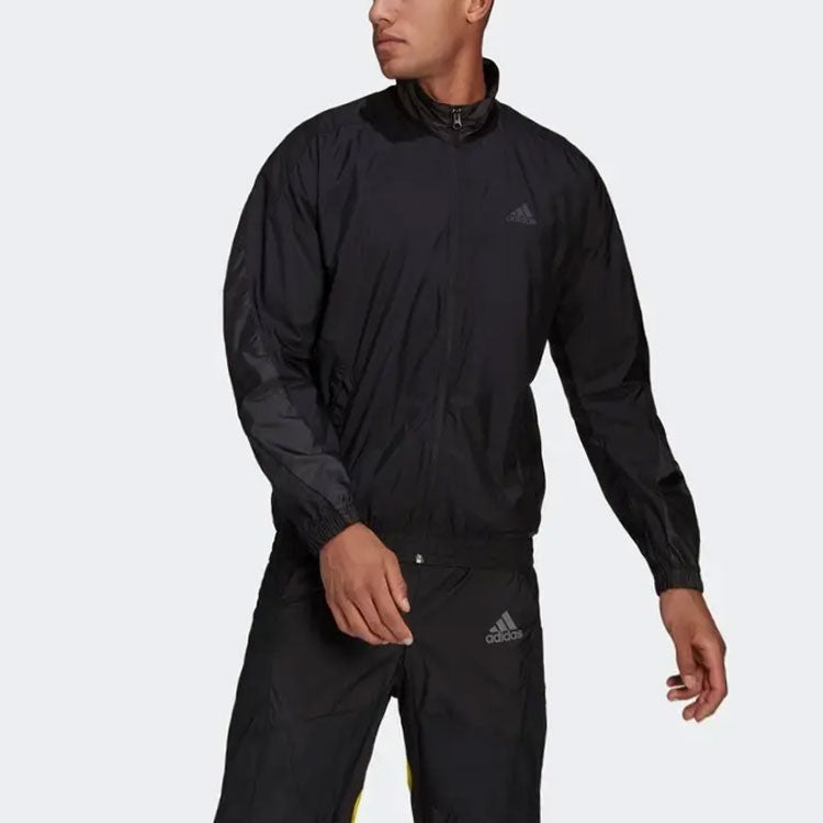 Men's adidas Logo Printing Solid Color Stand Collar Jacket Autumn Black GQ1186