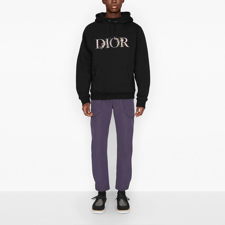 Men's DIOR SS21 Flowers Logo Embroidered Printing Loose Classic hooded Sports Black 113J688A0531-C984