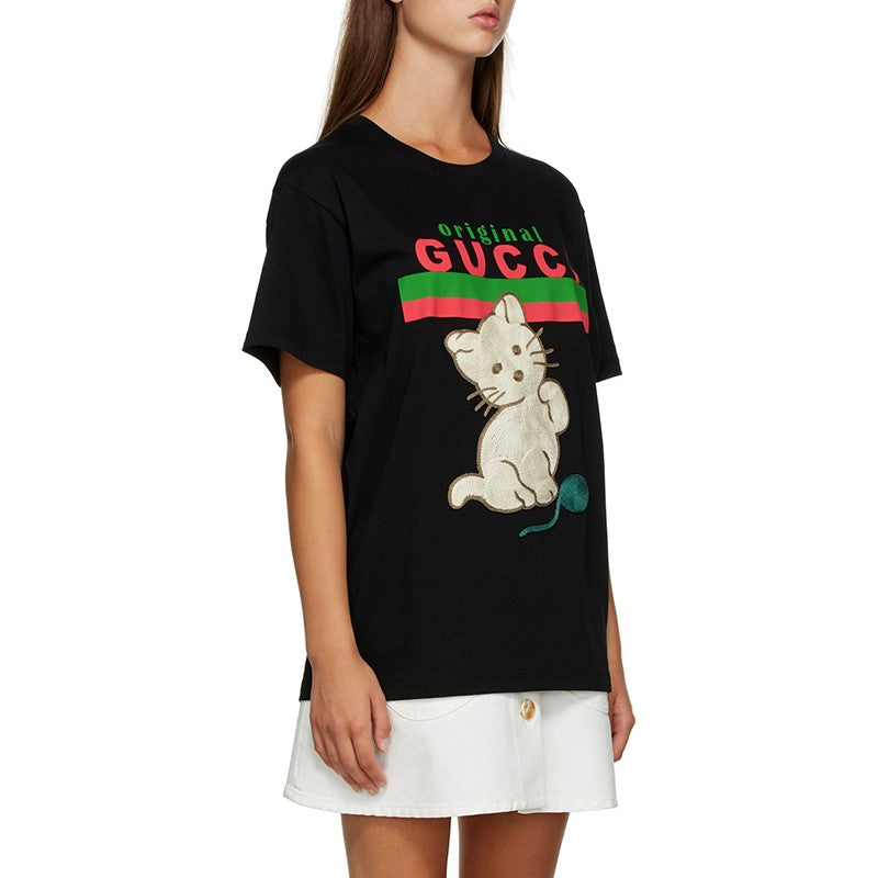 (WMNS) Gucci Cat Alphabet Cartoon Round Neck Pullover Short Sleeve Black 615044-XJCRG-1082