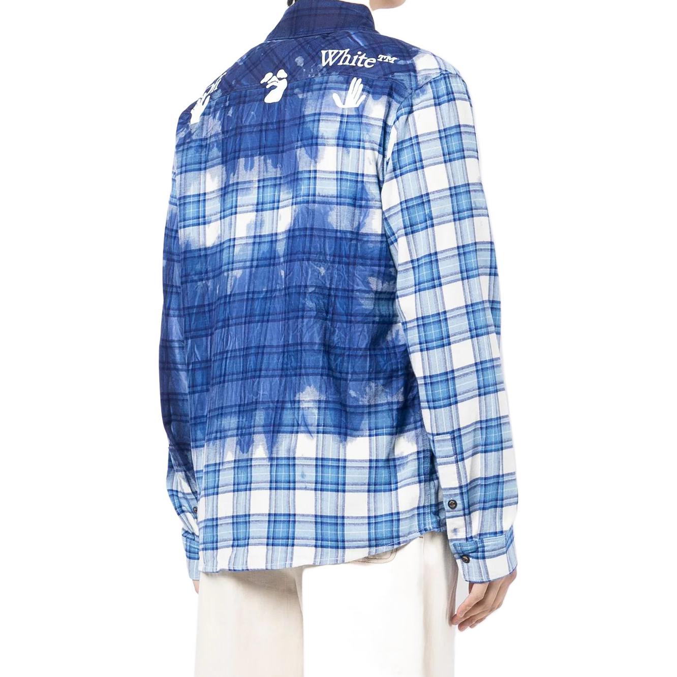 Men's Off-White FW22 Paint Splash Effect Plaid Long Sleeves Blue Shirt OMGA133G21FAB0010145