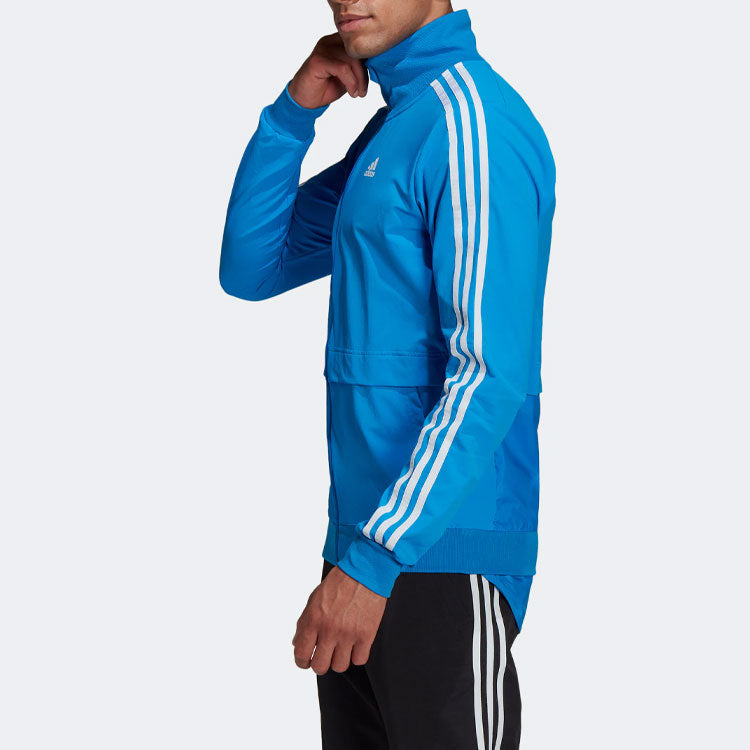 adidas Solid Color Logo Stripe Zipper Stand Collar Casual Jacket Blue H57197