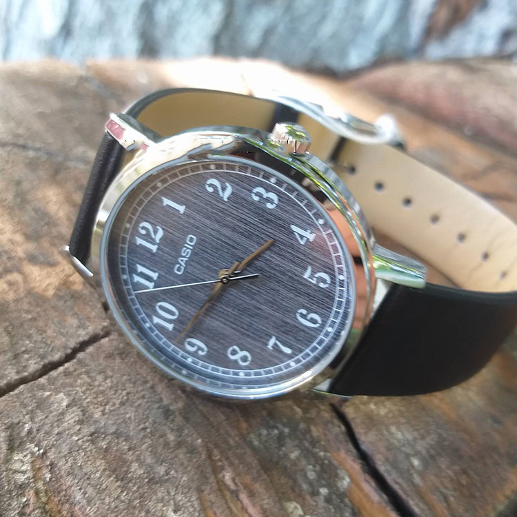 Men's CASIO quartz Watch Wood Grain Surface Mineral Glass Stainless Steel Case Leather Strap Mens LTP-E145L-1B