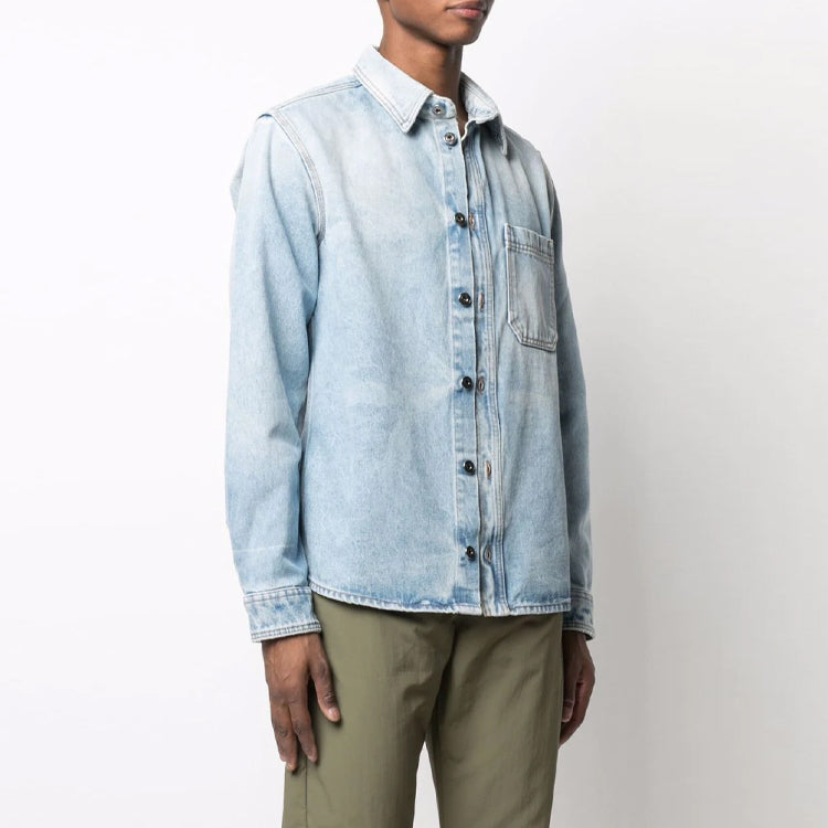 Men's Off-White SS21 Lapel Buckle Long Sleeves Blue Shirt OMYD027F21DEN0034001