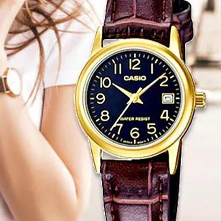CASIO Quartz Waterproof Brown Strap Brown Analog LTP-V002GL-1B