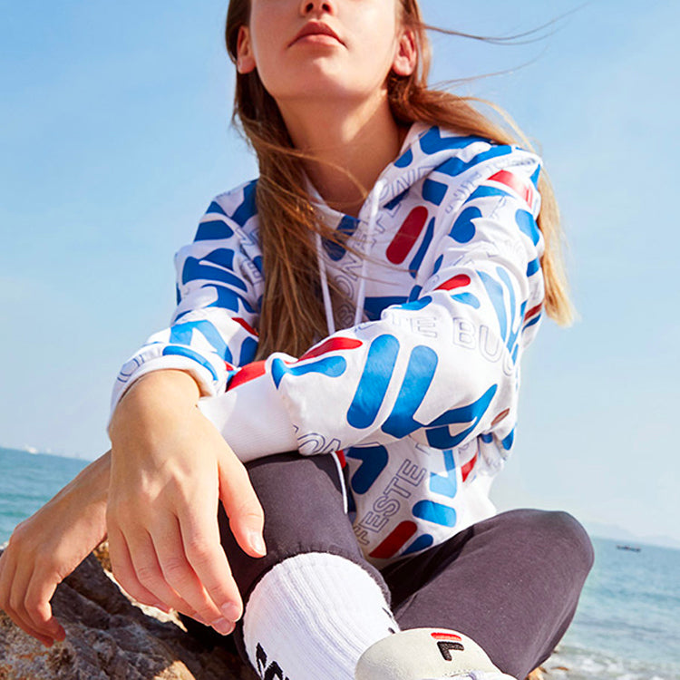 (WMNS) FILA Large Logo Full Print Loose Hoodie White F11W018240F-PU