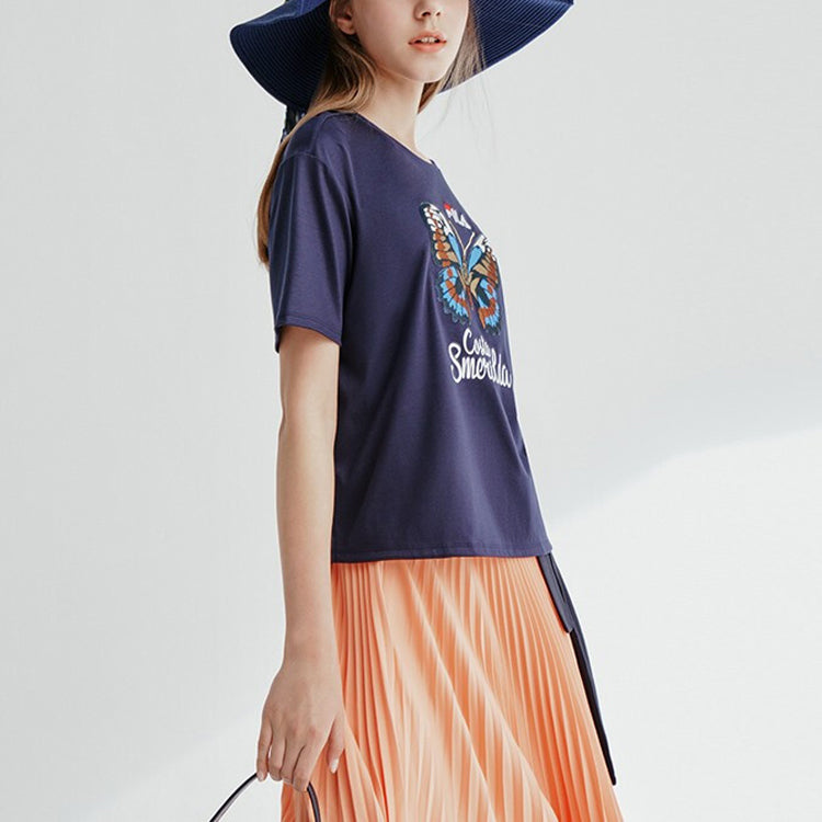 (WMNS) FILA Embroidered Round Neck Short Sleeve 'Navy Blue' F11W028117F-DB