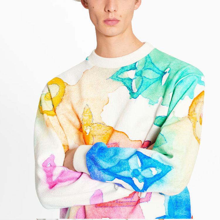 Men's LOUIS VUITTON FW21 Logo Full Print Round Neck Long Sleeves White 1A8QV7