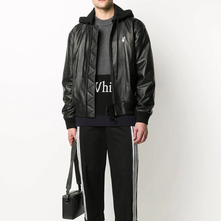 Off-White Logo Print Leather Bomber Jacket OMJA034E20LEA0011001