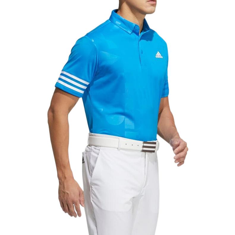 Men's adidas Stripe Embossing Printing Logo Short Sleeve Button Blue Polo Shirt HA3114