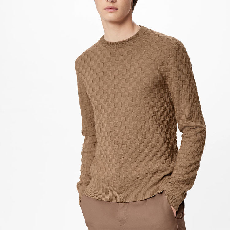Men's LOUIS VUITTON FW21 Iconic Grid Round Neck Long Sleeves Brown T-Shirt 1A9A0L