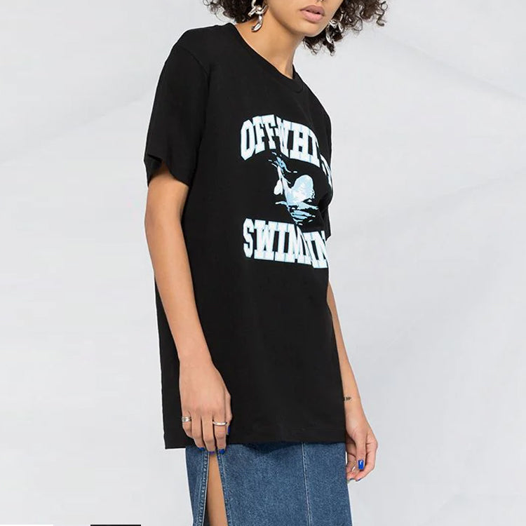 (WMNS) Off-White swimming print Short Sleeve Black OWAA071R20B070451001
