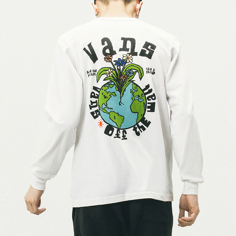 Men's Vans Earth Pattern Printing Round Neck Long Sleeves White T-Shirt VN0A5E870VW