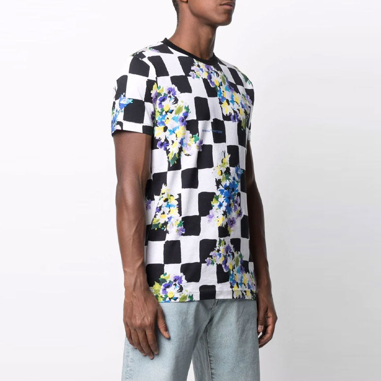 Off-White SS21 Cotton Flowers Plaid Short Sleeve Black White T-Shirt OMAA027S21JER0268400