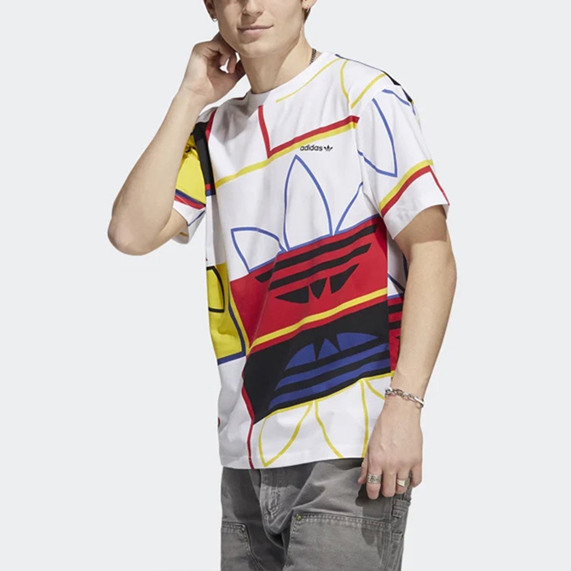 adidas originals Contrasting Colors Full Print Logo Sports Round Neck Short Sleeve White H31315